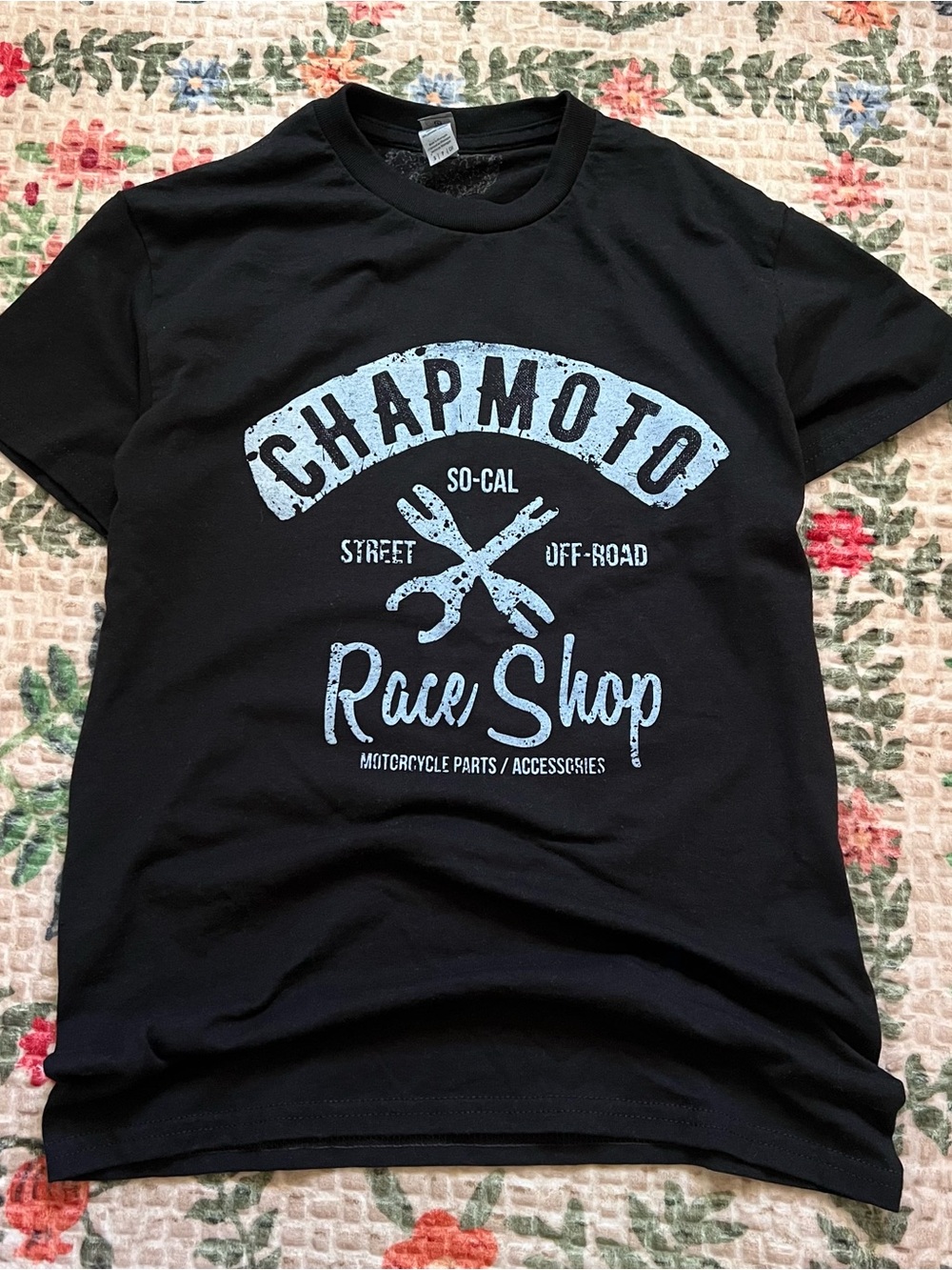 Race Shop Graphic T-Shirt - Black with Light Blue Print